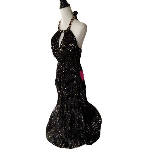 NWT Alex Marie Black and Gold Tiered Pleated Halter Maxi Dress – Size 4 - Picture 5 of 13